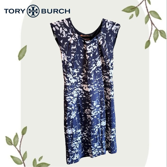 Tory Burch Silk Abstract Navy and White Midi Short Sleeve Classic Dress- Size 4 - Picture 1 of 7
